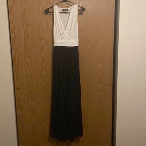 Black and white pleated formal maxi dress